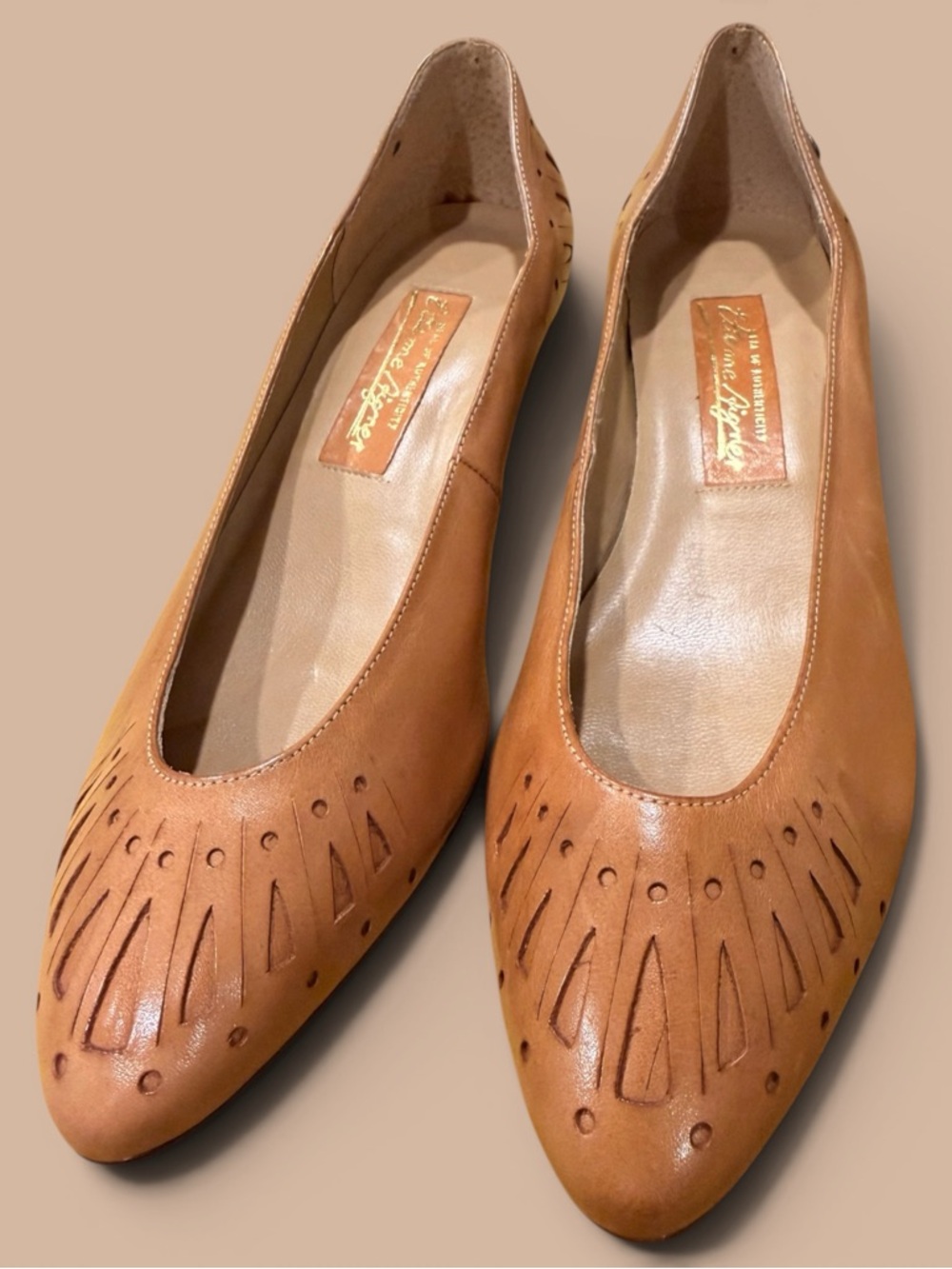 Etienne Aigner Tan Leather Laser-Cut Out Heels.